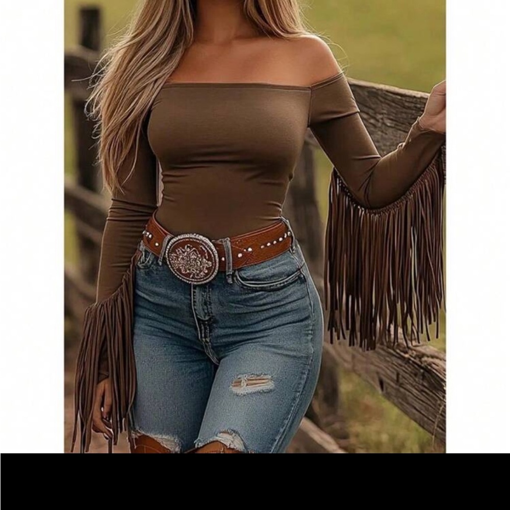 Off-Shoulder Brown Fringe Top